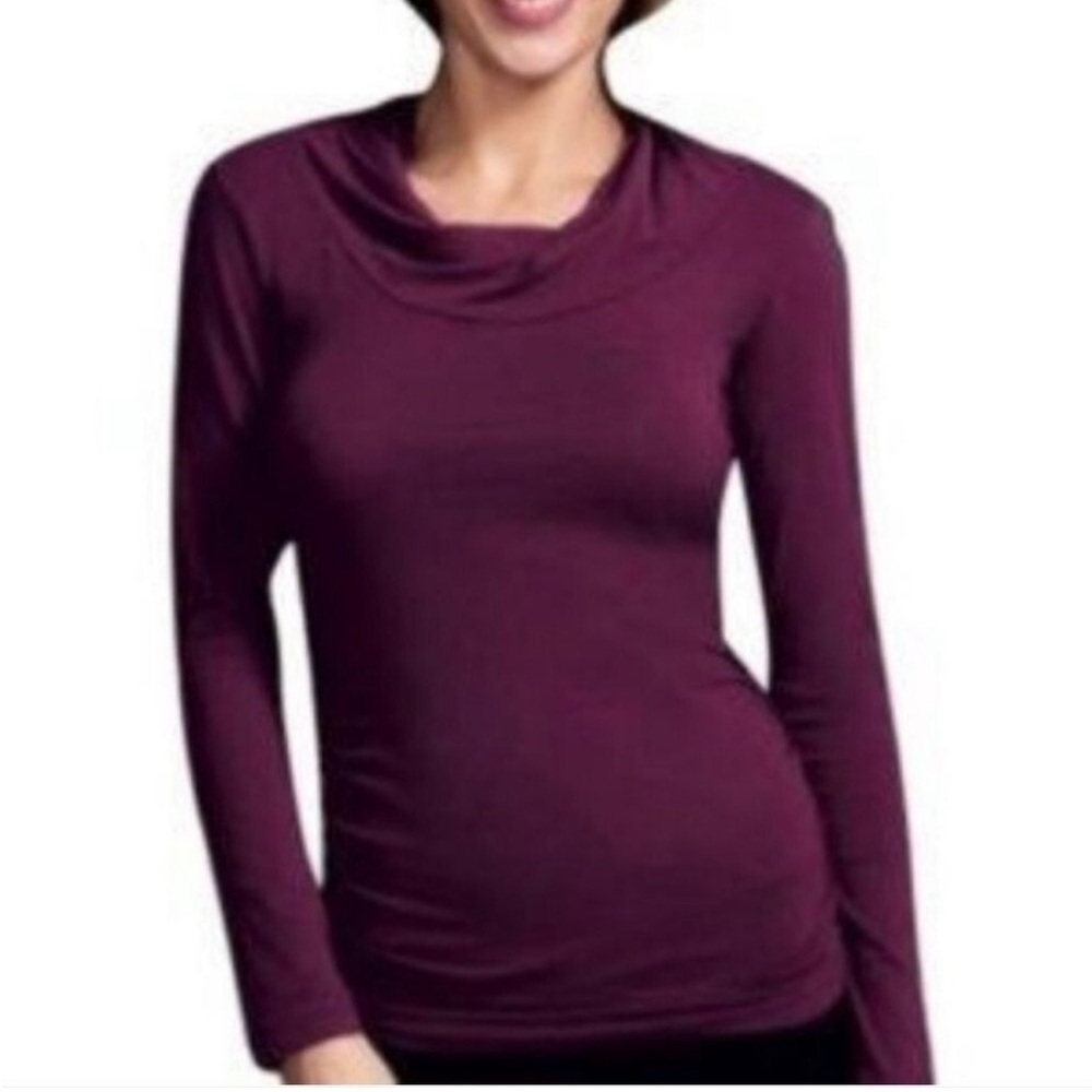 CAbi Twisted Cowl Neck Long Sleeve Cotton Top in Merlot Large